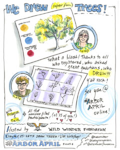Image of sample tree-drawing workshop pages and two portraits of the workshop facilitators.