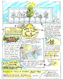 Visual story about a very tall tree and how it was watered for the first five years by a man named Joel.