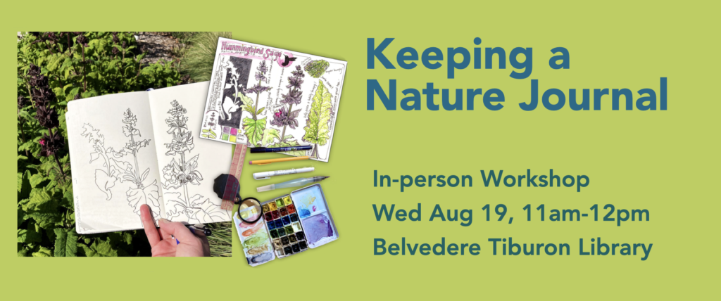 Header image for nature journaling workshop, showing sample nature journal entry, observation tools, and pens/pencils/paints.