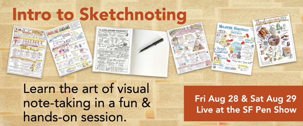 Banner image of sketchnoting workshop showing dates and small example thumbnails of visual notes