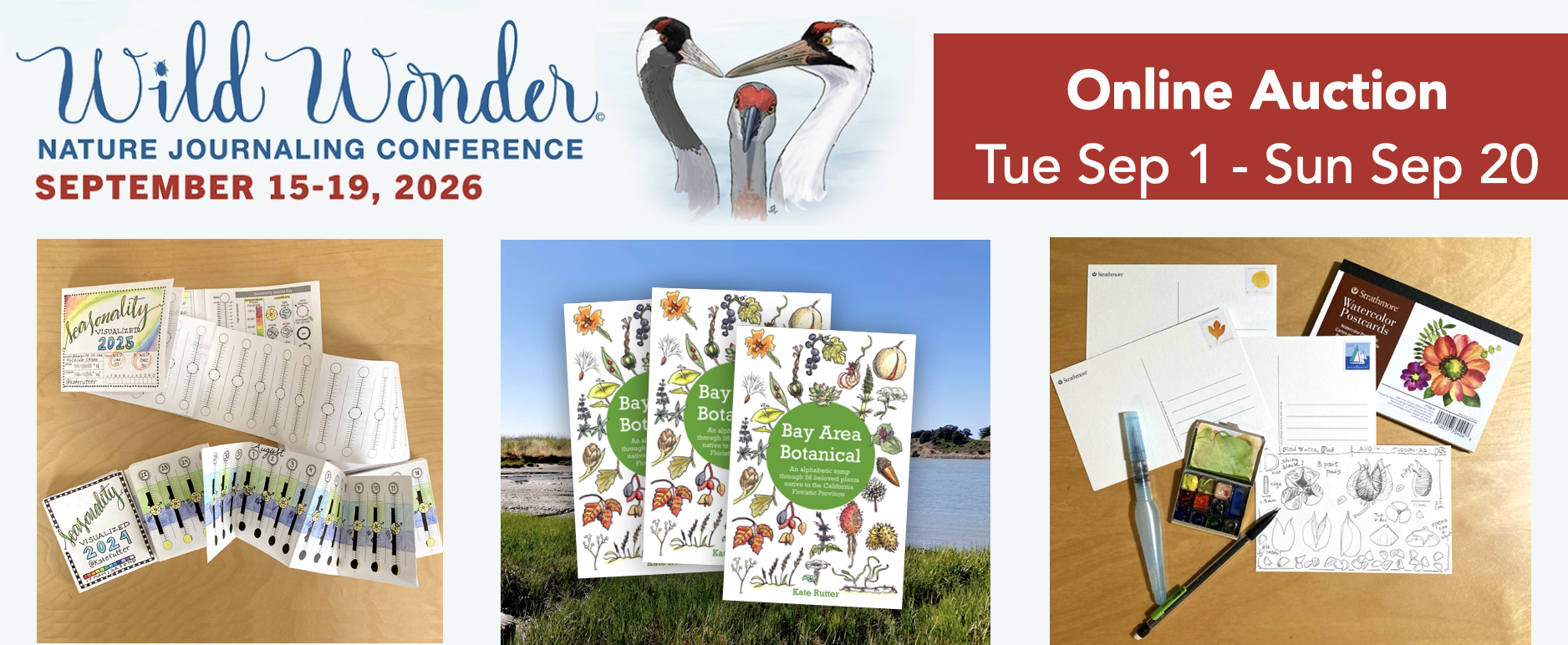 Online auction banner showing image of Bay Area Botanical (book); Seasonality Journal (kit); Postcard Exchange (kit.)