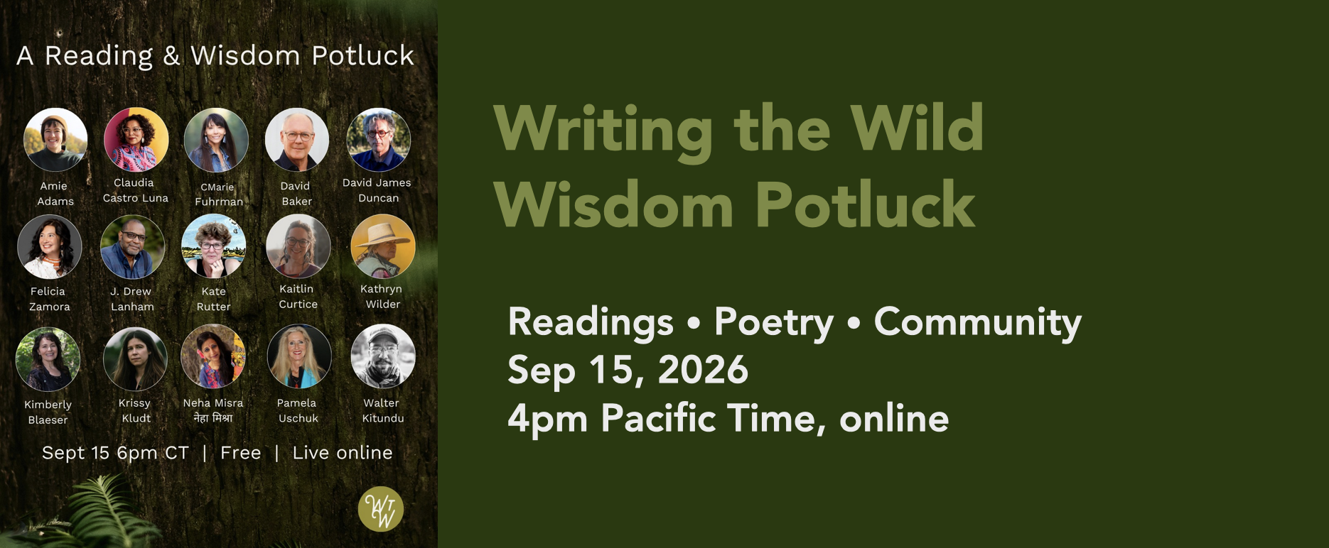 Banner for Wisdom Potluck showing small images of the 15 writers, artists, scientists, and poets presenting.