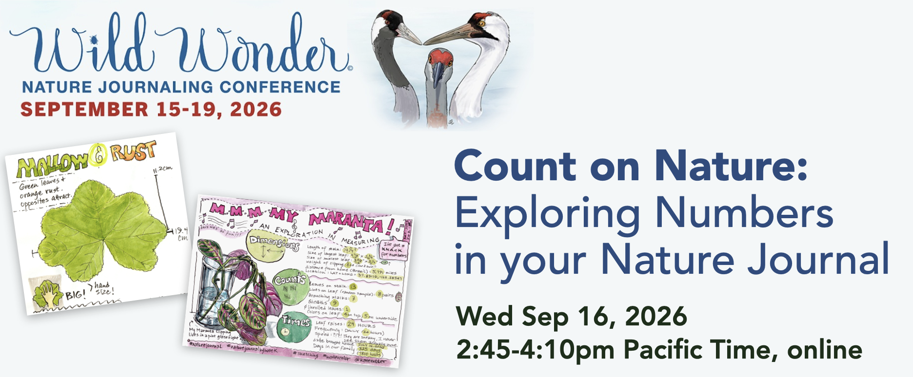 Wild Wonder conference logo of 3 cranes and two examples of nature journal pages featuring numbers.